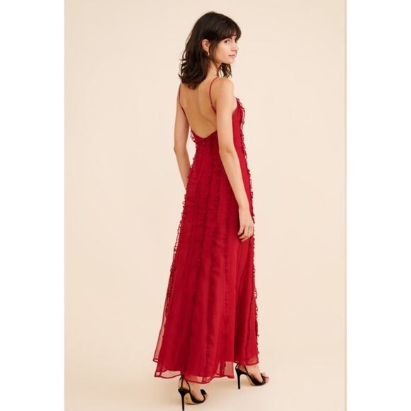 NWT MESHKI Maxi Slip Dress Very High Slit Size XS Red Ruffles Cocktail Holiday - Picture 2 of 12